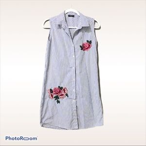 [Style House] Blue Striped Shirt Embroider Dress